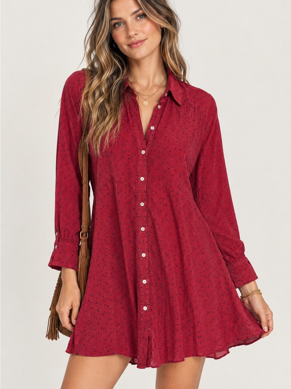 Free People Burgundy Polka Dot Button-Front Mini Dress